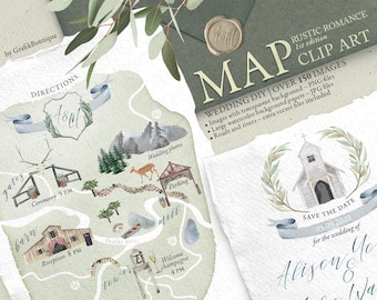 Wedding MAP clip art. Invitation elements. Rustic romance. Artisan stationery. Bohemian barn farm mountains. Watercolor PNG clip art. 300GB