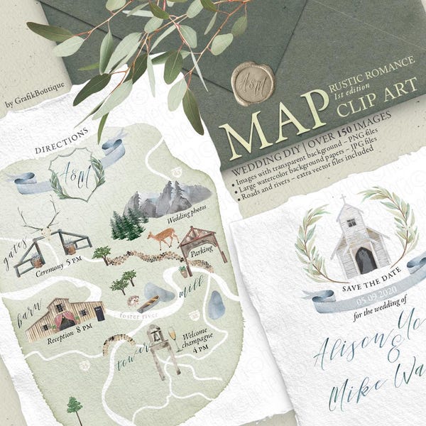 Wedding MAP clip art. Invitation elements. Rustic romance. Artisan stationery. Bohemian barn farm mountains. Watercolor PNG clip art. 300GB