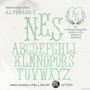 Wedding crest letters, monogram watercolor alphabet, vintage silk sage color DIY crest baby initials, family crest, PNG clip art. 310GB B