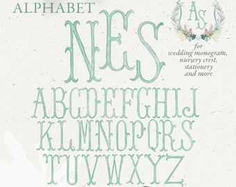May include: Watercolor alphabet with a green and white color scheme. The letters are in a decorative, vintage style. The alphabet is labeled "watercolor crest alphabet" and includes 26 letters.