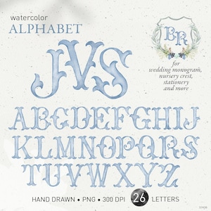 Hochzeit Monogramm Buchstaben, Aquarell Alphabet, Vintage staubig hellblaue DIY Wappen Baby Initialen, Familienwappen, PNG Clip Art. 324GB