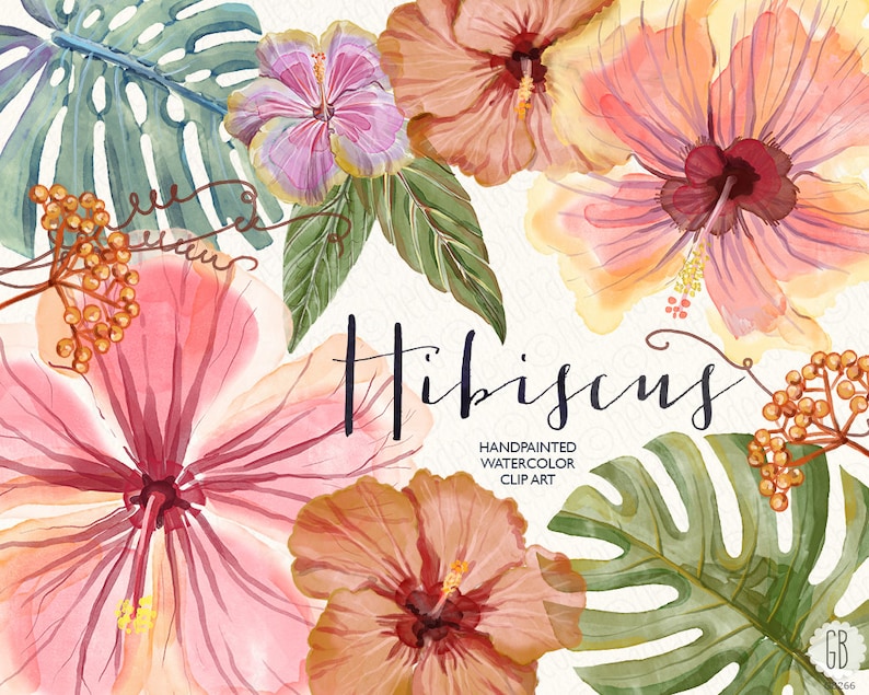 Watercolor hibiscus flower tropical leaves jungle plants | Etsy