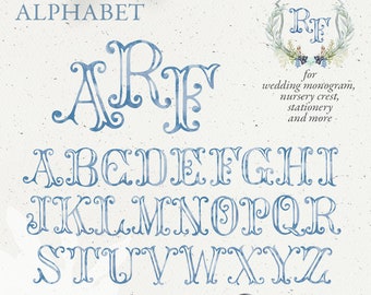 Wedding crest letters, monogram watercolor alphabet, vintage blue DIY fishtail tuscan crest baby initials, family crest, PNG clip art. 320GB