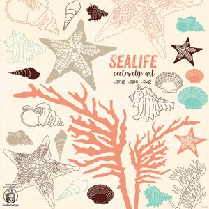 May include: A collection of vector clip art featuring various sea life elements. The design includes starfish, seashells, and coral in shades of brown, peach, and teal, set against a cream background. The text "SEALIFE vector clip art" is also included.