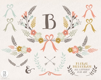 Floral wreaths, monogram, laurels, ribbons, clip art, vector, folk flowers, birthday card, party stationery, table card, instant download