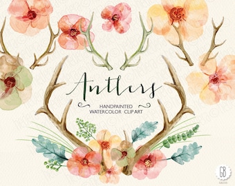 Watercolor flowers, hand painted antlers, wedding flowers, deer, florals, clip art, watercolor invite diy invitation, party stationery 205GB