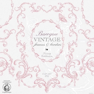 Może przedstawiać: Cyfrowy projekt grafiki clip art z ozdobnymi, różowymi ramkami i obramowaniami w stylu barokowym na białym tle. Tekst brzmi "Baroque Vintage frames & borders" i "Luxury Celebration". Obecny jest również motyl i elementy kwiatowe.