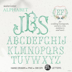 Wedding crest letters, monogram watercolor alphabet, DIY crest baby initials, vintage light mint green, family crest, PNG clip art. 307GB E