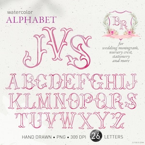 Wedding monogram letters, crest watercolor alphabet, vintage dusty light pink DIY crest baby initials, family crest, PNG clip art. 317GB B