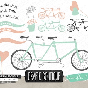 Tandem fiets mint handgetekende vector clip art, diy trouwkaart, ballonnen, save the date uitnodiging, vector clip art. 022GB