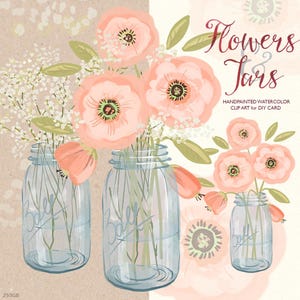 Aquarelle de bocal en forme de pot Mason, fleurs roses corail, peintes à la main, bouquet de fleurs, clipart aquarelle bricolage anniversaire shower de mariage. 253 Go