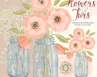Watercolor mason jar baby breath, coral pink flowers, hand painted, bouquet florals, clip art watercolour diy wedding shower birthday. 253GB