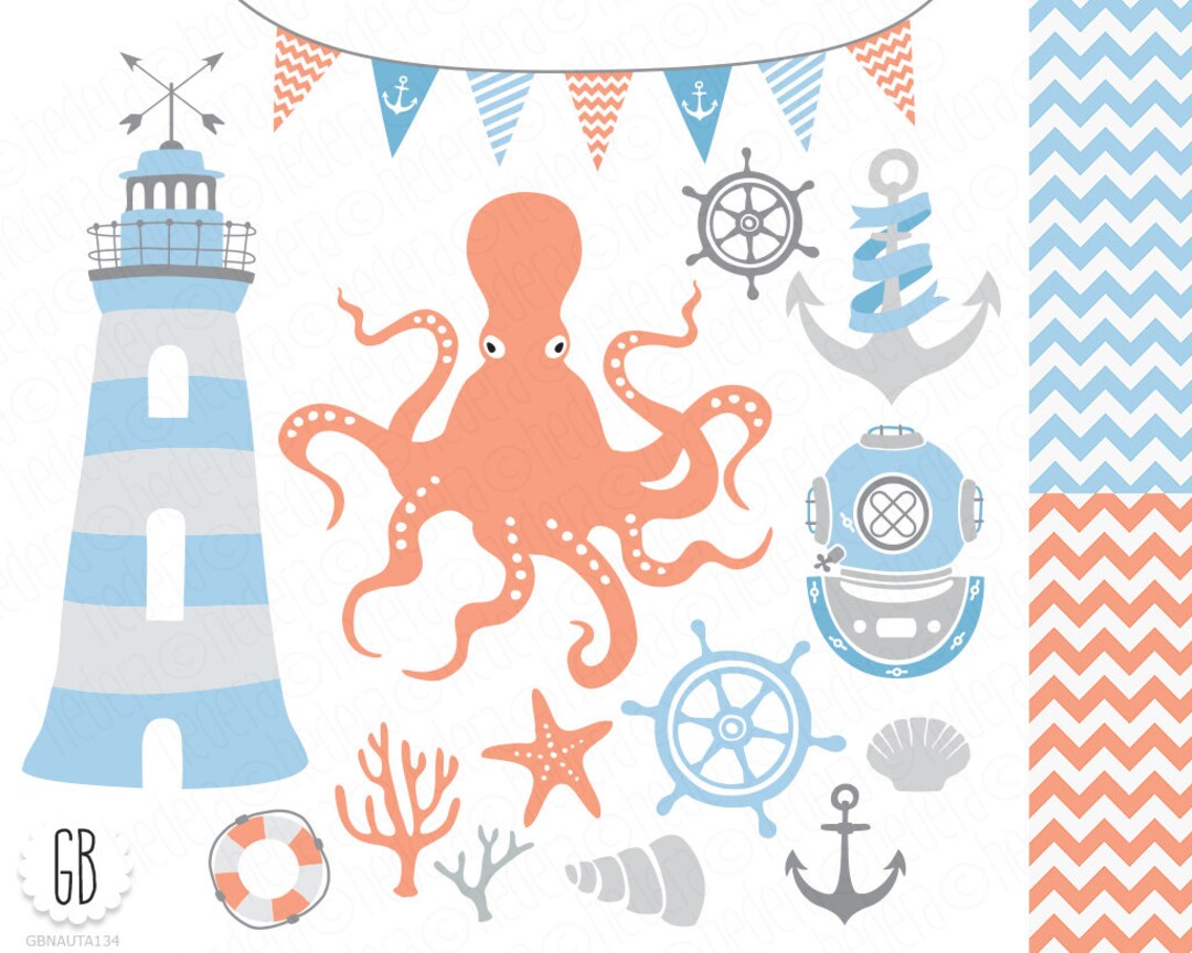 Nautical Vector Clip Art, Lighthouse, Fisherman, Coast, Corals Starfish ...