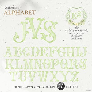 Wedding monogram letters, crest watercolor alphabet, vintage light green DIY crest baby initials, family crest, PNG clip art. 324GB D