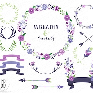 Floral wreaths, laurels, ribbons, clip art, vector, muscari, purple, lavender, antlers, arrows, feather, birthday card, party stationery