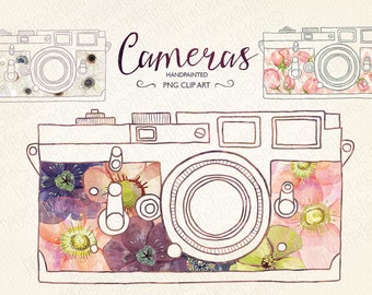 Vintage camera, hand painted, clip art, floral skin, watercolor flowers, anemone, pink roses, flowers, photographer blogging 204GB B