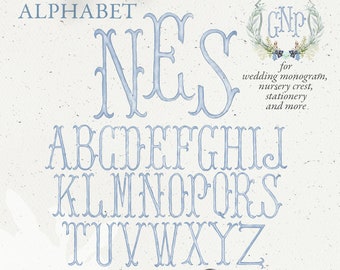 Wedding crest letters, monogram watercolor alphabet, vintage dusty light blue DIY crest baby initials, family crest, PNG clip art. 310GB