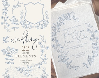 Floral wedding clip art. Invitation dusty blue elements. Artisan chinoiserie letterpress stationery toile french. svg png clip art. 506GB