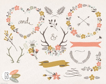 Folk flower wreaths, clip art, floral heart, vector, laurels, borders, invitation stationery elements, vintage blush colors. 096GB