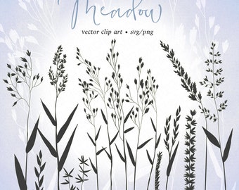 May include: Silhouettes of various meadow grasses in black against a light blue background. The text "Meadow" is written in cursive at the top of the image. The text "vector clip art - svg/png" is written below the word "Meadow".