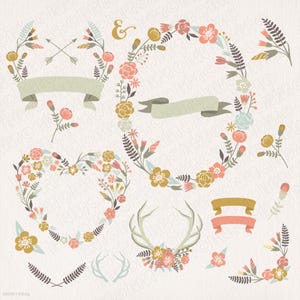 Coroas florais com chifres de coração, cor pastel, clipart vetorial, bordas de louros, coroa de flores, flechas, formato de coração. MAIS VENDIDO. 106 GB