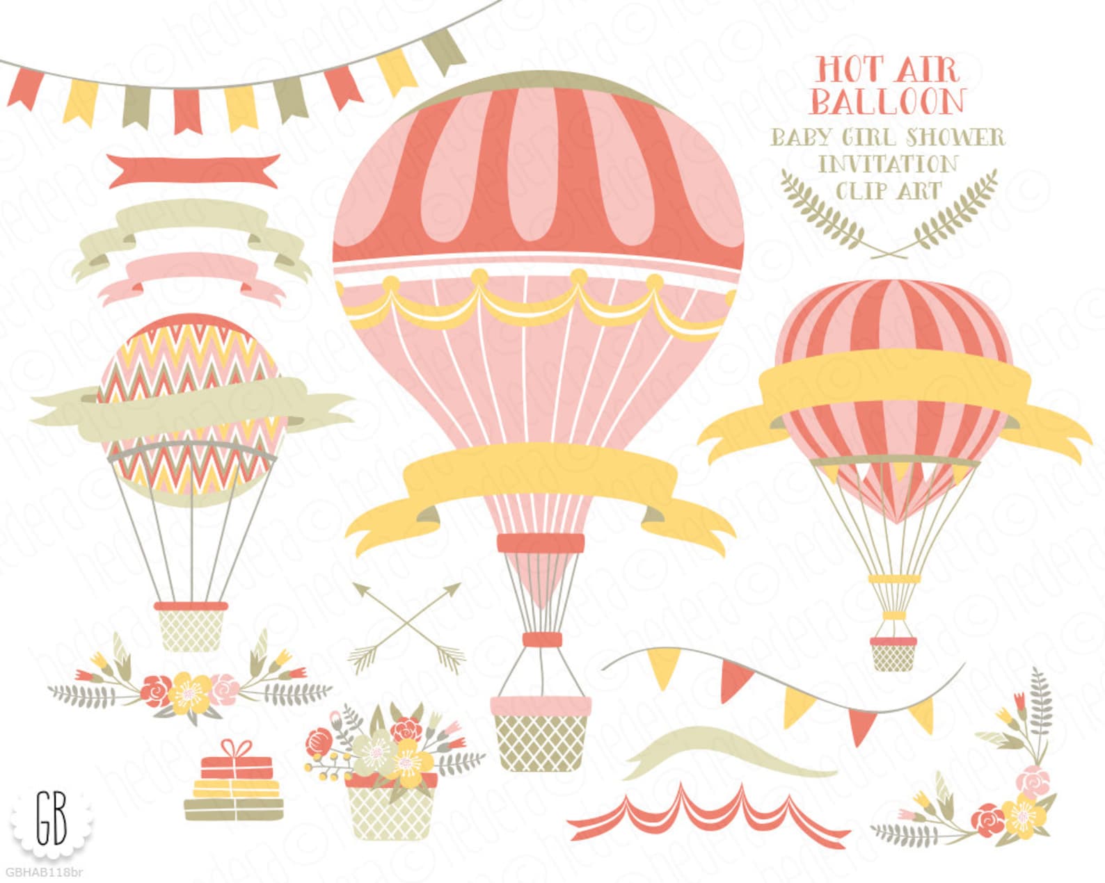 Vintage Hot Air Balloons Vector Flower Basket Floral Etsy