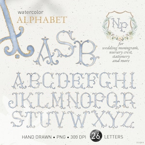 Wapenbrieven bruiloft, monogram aquarel alfabet, vintage blauw goud DIY fishtail crest baby initialen familiewapen png-illustraties. 321 GB B
