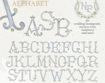 May include: A watercolor alphabet in a light blue hue with gold accents. The image includes the full alphabet, a monogram, and text that reads "for wedding monogram, nursery crest, stationery and more." The text also states "Hand Drawn, PNG, 300 DPI, 26 Letters."