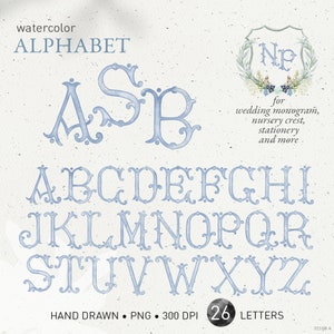 Wedding crest letters, monogram watercolor alphabet, vintage blue DIY fishtail tuscan crest baby initials family crest PNG clip art. 321GB A