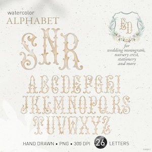 Wedding crest letters, monogram watercolor alphabet, vintage beige sand DIY fishtail tuscan crest baby initials, family crest PNG. 318GB C