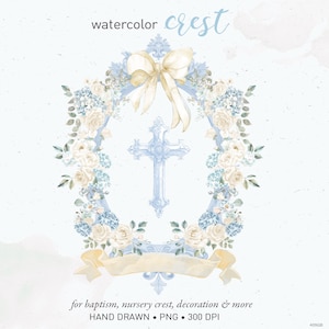Wappen Aquarell, Taufwappen, Taufpapier, ClipArt, Vintage christliches Kreuz, blauer Pfirsich DIY Kinderzimmer Babyzimmer, PNG. 409 GB