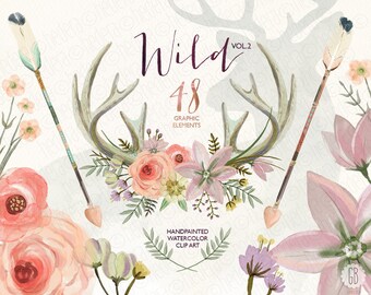 Watercolor flower antlers, roses, deer, arrows, tribal, wild, bohemian, boho clip art, wedding flowers, branding, lotus, laurels. 233GB