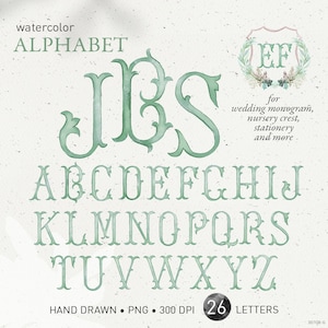 Wapenbrieven bruiloft, monogram aquarel alfabet, DIY kuif baby initialen, vintage zijde salie groen, familiewapen, png-illustraties. 307 GB G