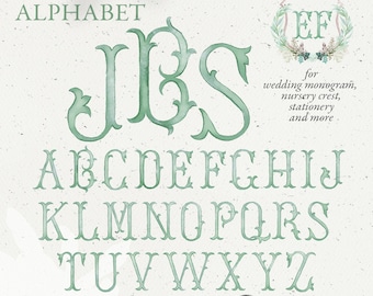 Wedding crest letters, monogram watercolor alphabet, DIY crest baby initials, vintage silk sage green, family warming, PNG clip art. 307GB G