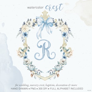 Watercolor crest, wedding crest, monogram letters, watercolor alphabet, vintage blue DIY nursery baby room decoration PNG clip art. 401GB