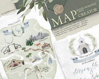 Wedding MAP creator. Invitation elements. Rustic romance. Artisan stationery. Bohemian barn farm mountains. Watercolor PNG clip art. 300GB