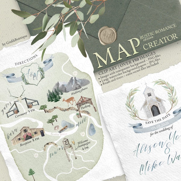 Creatore di MAPPE per matrimoni. Elementi di invito. Romanzo rustico. Cartoleria artigianale. Montagne della fattoria del fienile Boho. ClipArt PNG ad acquerello. 300GB