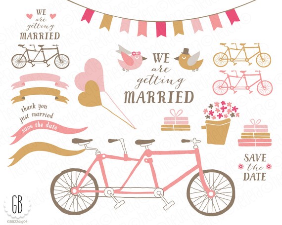 Tandem bicycle clip art, balloons, bride groom, ribbons, flower basket birds just married, pink gold, stationery, instant download. 022GB