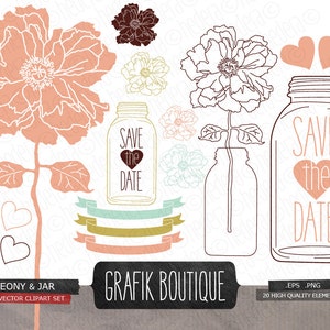 Mason jar bloemen pioenroos, digitale vector clip art, trouwkaart foto's, opslaan van de datum belettering, vector pioenrozen, uitnodiging afbeeldingen. 026 GB