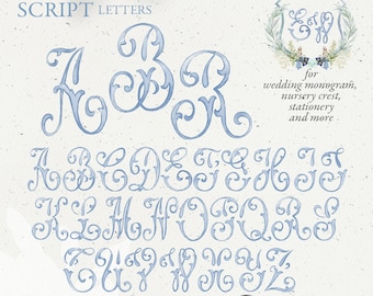 Wedding crest letters, monogram watercolor script alphabet, vintage dusty light blue DIY crest baby initials, PNG clip art. 308GB