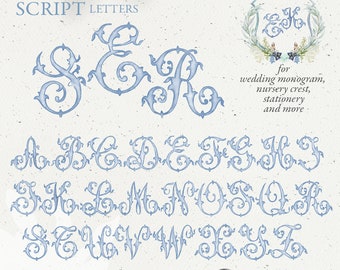 Wedding crest letters, monogram watercolor script alphabet, heart, vintage dusty light blue DIY crest baby initials, PNG clip art. 311GB
