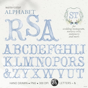 Letras de monograma de casamento, alfabeto em aquarela com brasão, iniciais de bebê em azul claro empoeirado vintage faça você mesmo, brasão de família, clipart PNG. 304 GB