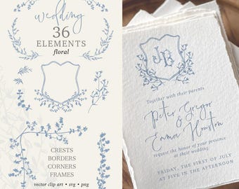 Floral wedding clip art. Invitation vector svg blue elements. Rustic romance. Artisan letterpress stationery.  svg png clip art. 501GB