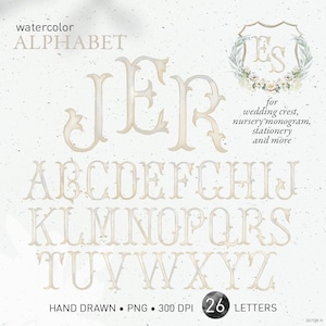 Wedding crest letters, monogram watercolor alphabet, DIY crest baby initials, vintage cream light sand, family crest, PNG clip art. 307GB H