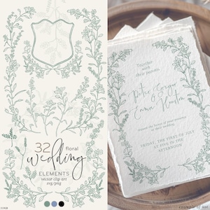 May include: A collection of 32 floral wedding elements in vector clip art format. The design includes floral wreaths, a shield, and individual sprigs in a muted green color. A wedding invitation example is shown with the text "Together with their parents" and names.