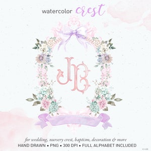 Watercolor crest, wedding crest, monogram letters, watercolor alphabet, vintage purple DIY nursery baby room decoration PNG clip art. 411GB