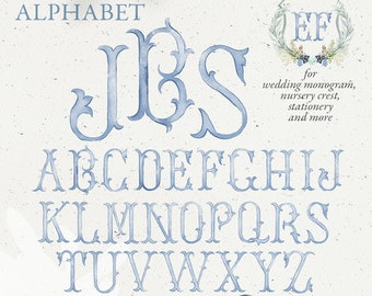 Wedding monogram letters, crest watercolor alphabet, vintage dusty light blue DIY crest baby initials, family crest, PNG clip art. 305GB