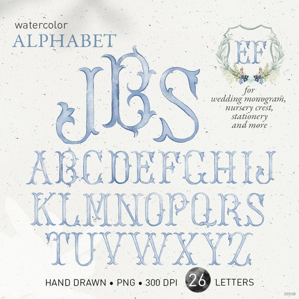 Lettres du monogramme de mariage, alphabet aquarelle écusson, initiales de bébé écusson bricolage bleu clair vintage, écusson de famille, clipart PNG. 305 Go