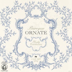 Puede incluir: Ilustración digital con un diseño barroco ornamentado en azul claro sobre un fondo crema. El diseño incluye marcos decorativos, elementos florales y el texto "Baroque Ornate" y "Flashy Celebration".