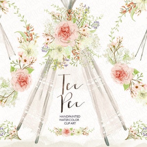 Aquarel, pastel Tipi wild boho bruiloft bloemen bloemen krans bestemming partij strand tribal pow wow, clip art instatn download GB280